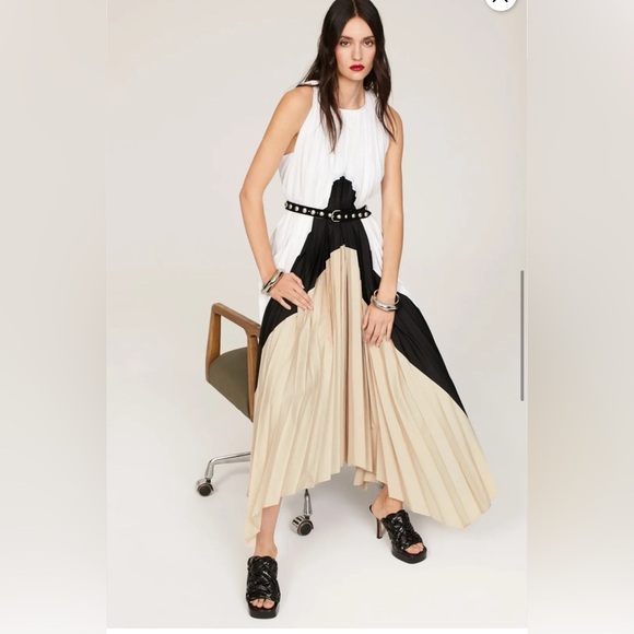 Bibhu Mohapatra Chic Black and White Maxi pleated Dress with Tan Accents size 16 - Picture 6 of 17